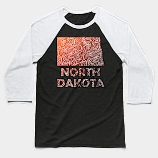 Colorful mandala art map of North Dakota with text in brown and orange Baseball T-Shirt